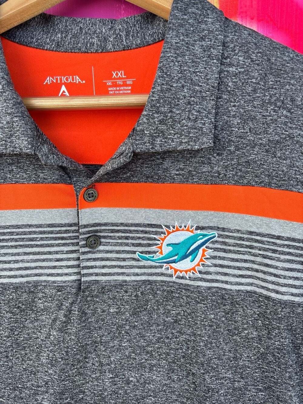 Miami Dolphins NFL Polo, Antigua Heather Charcoal Stripe, Men's XXL